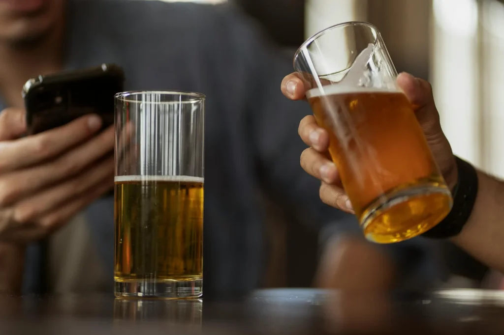 Pint of amber English bitter in a traditional glass