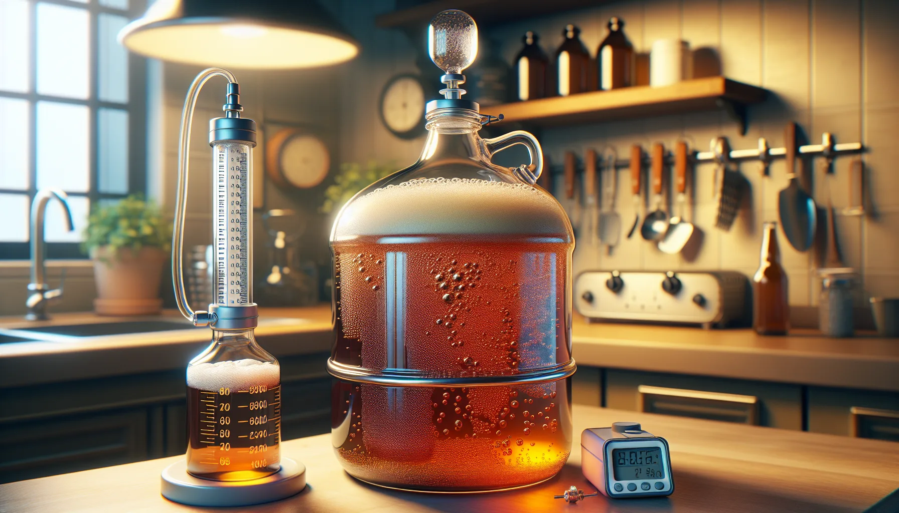 Glass carboy with airlock during homebrew beer fermentation