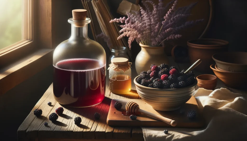 Blackberries and glass demijohn of homemade wine in warm kitchen sunlight