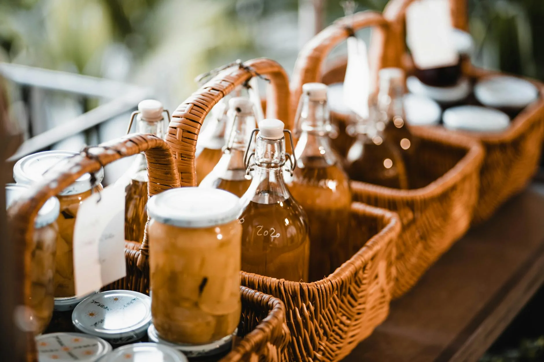 Sealed glass bottles of homemade cider ready for storage