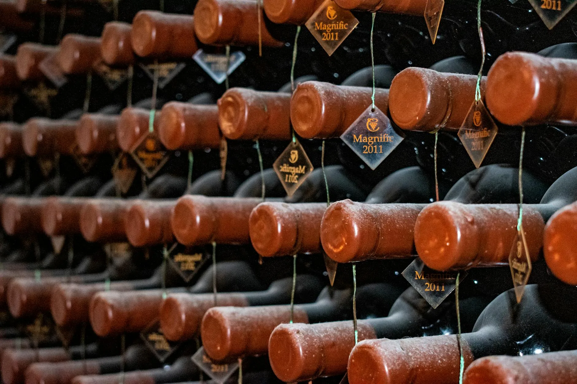 Wine bottles stored on their sides in a cool cellar