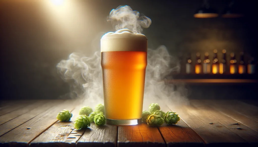 Hazy golden New England IPA in a pint glass with thick creamy head