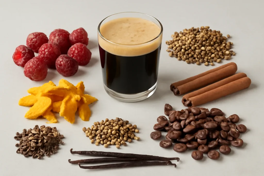 Brewing adjuncts with fruit spices coffee and cacao