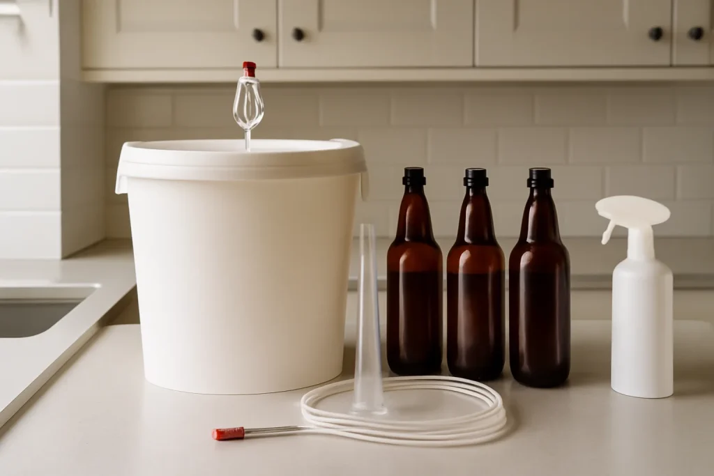Homebrew fermenter and bottles set up for avoiding common brewing mistakes