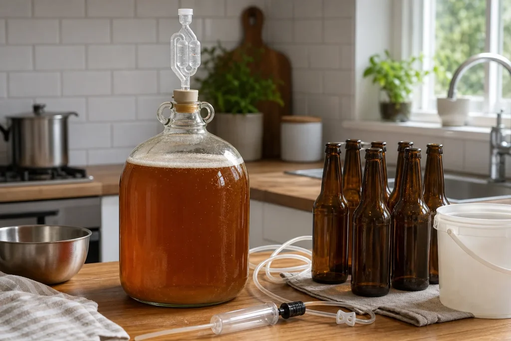 Homebrew beer fermenter with airlock and bottles on a kitchen worktop