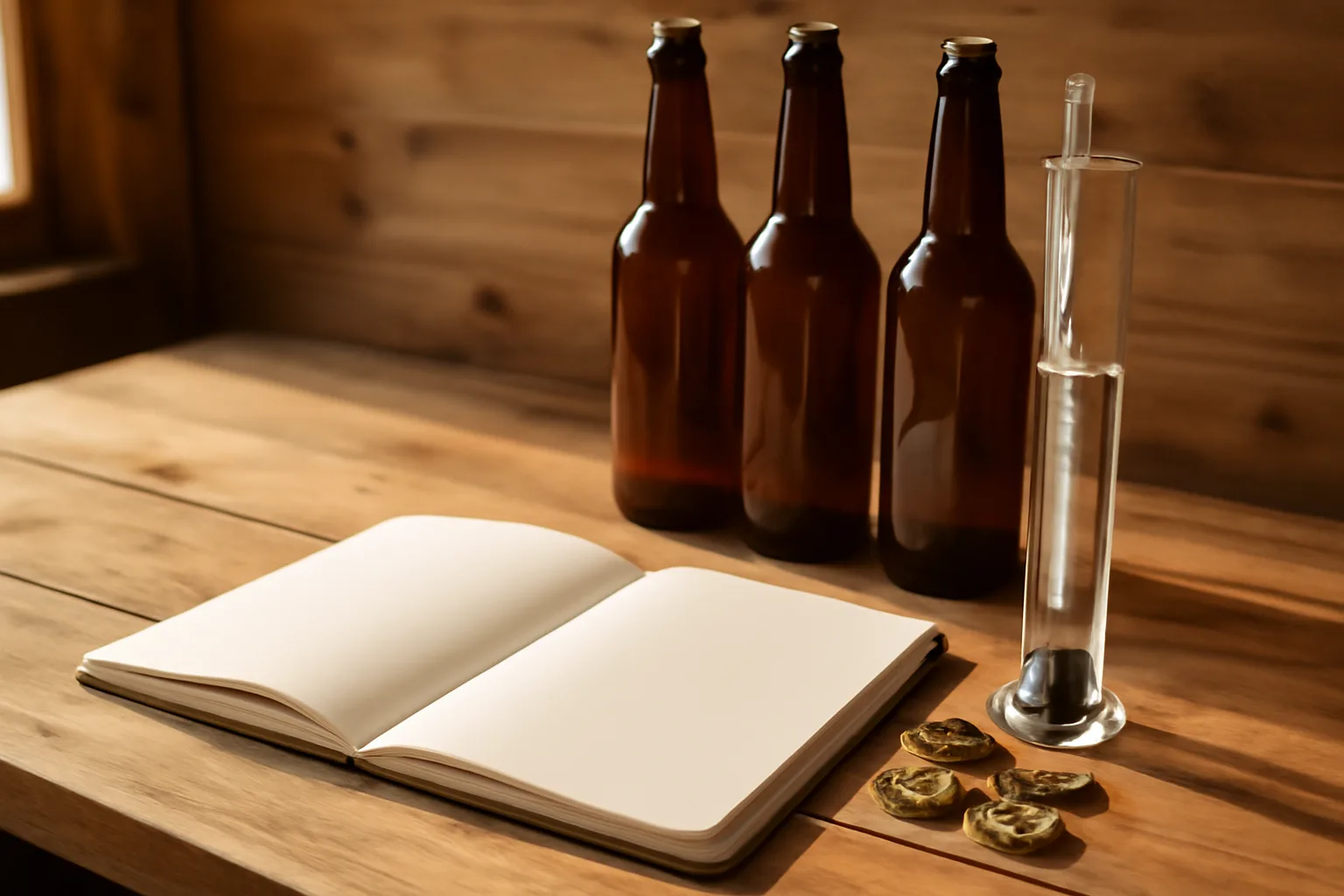 Blank brew notebook with hydrometer and beer bottles for tracking ABV