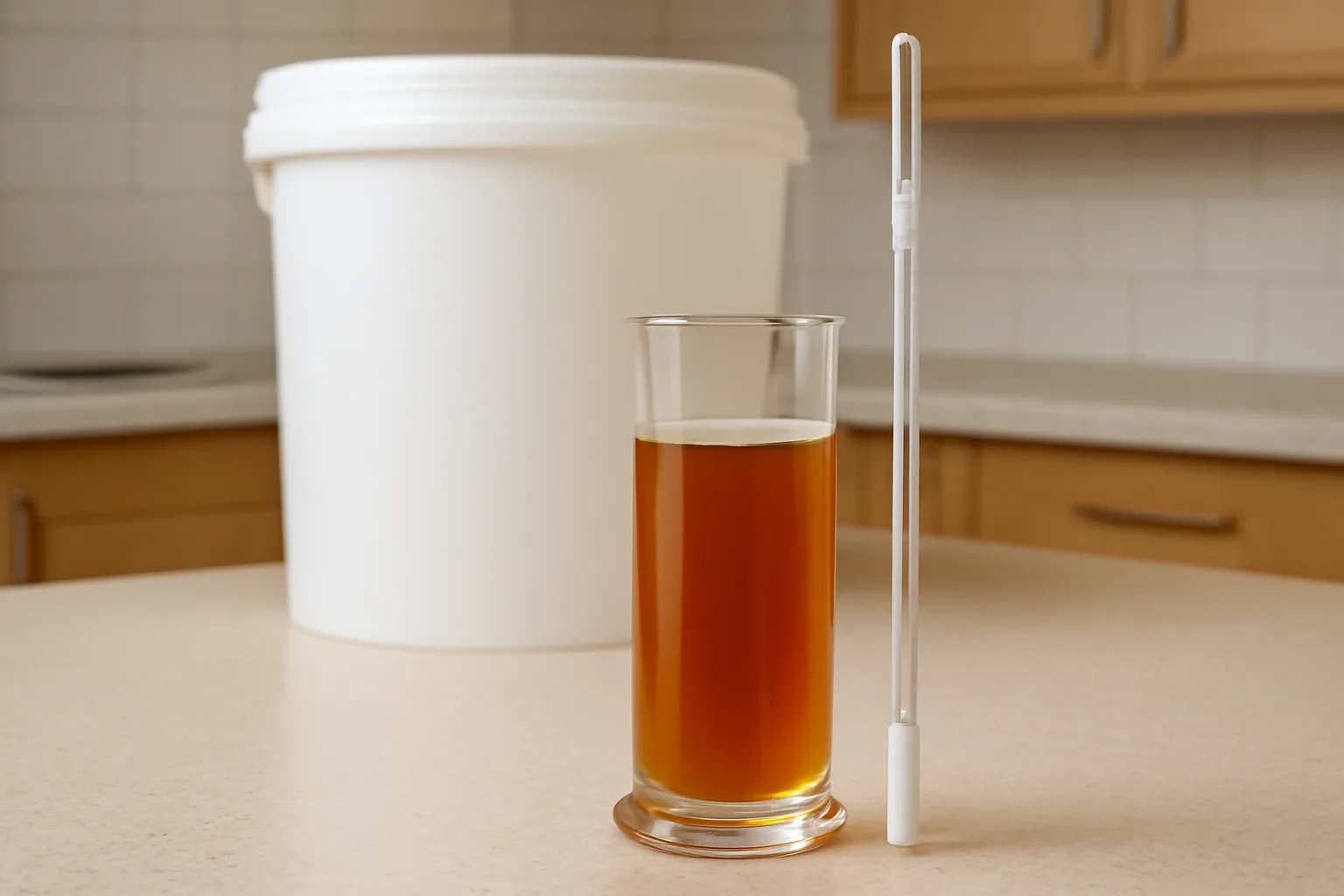 Homebrew sample and thermometer used to check fermentation temperature
