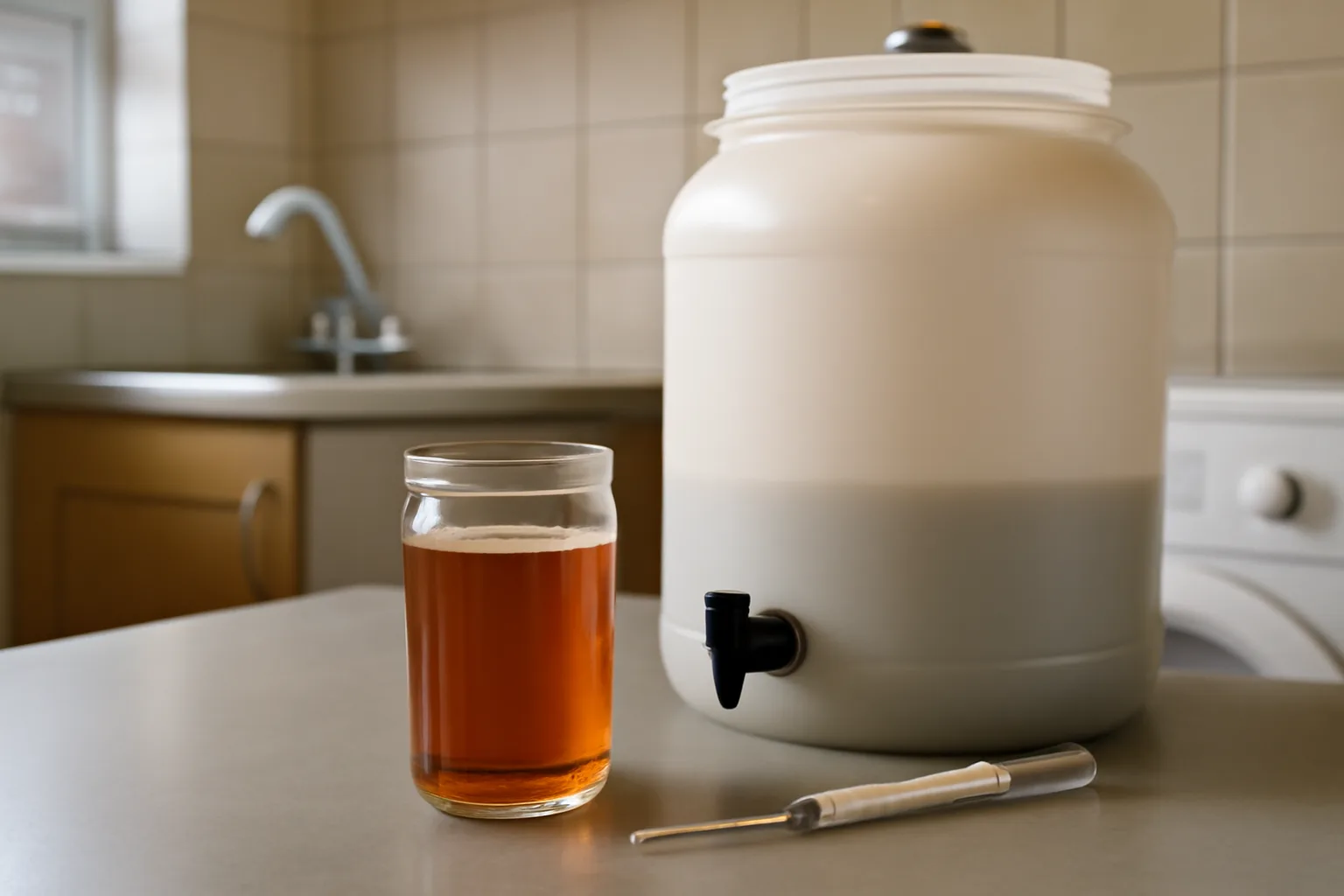 Homebrew gravity sample jar beside fermenter for OG and FG readings