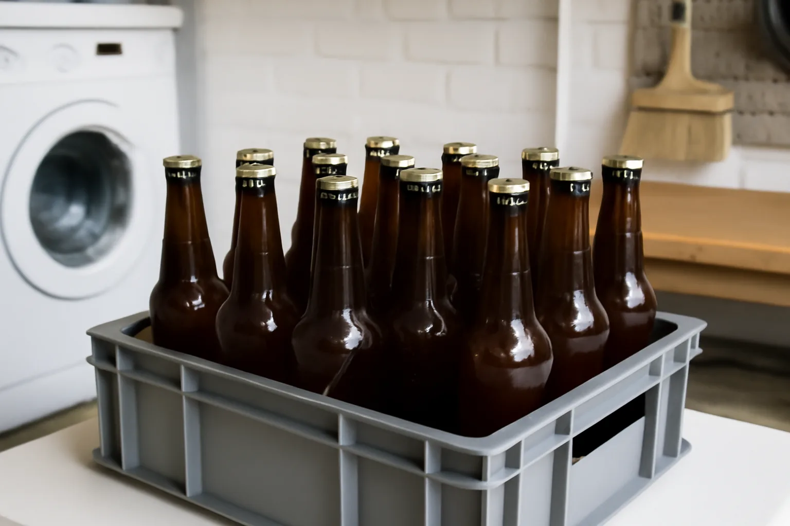 Plain brown homebrew beer bottles conditioning in a crate