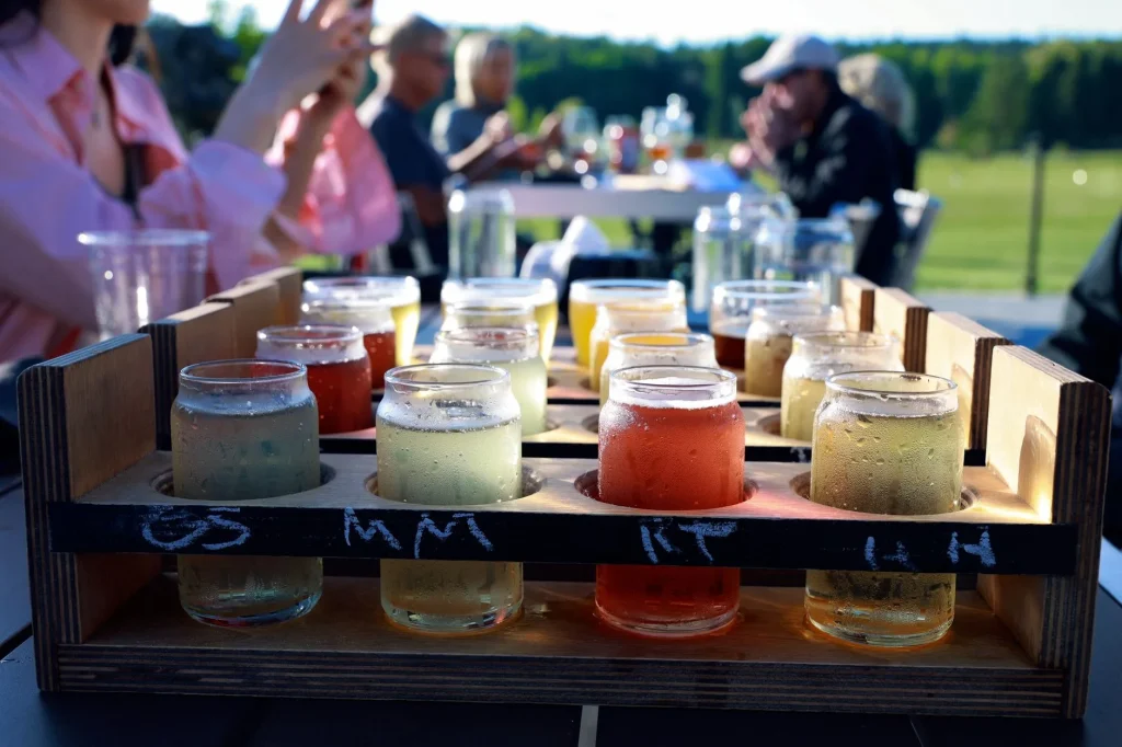 Beer tasting flight glasses set out for a home tasting