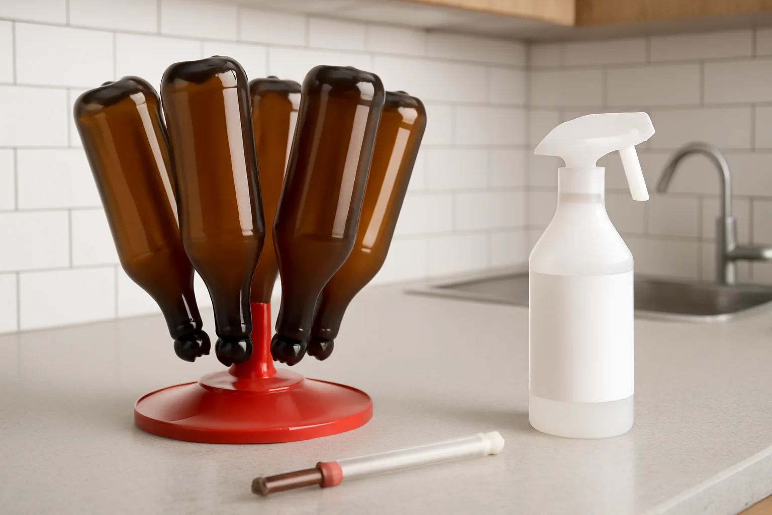 Clean homebrew bottles drying before bottling beer