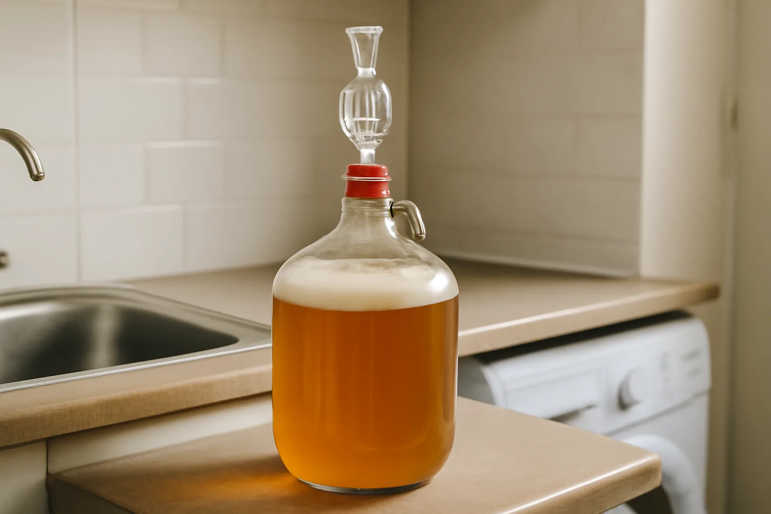 Homebrew fermenter with airlock during session IPA fermentation