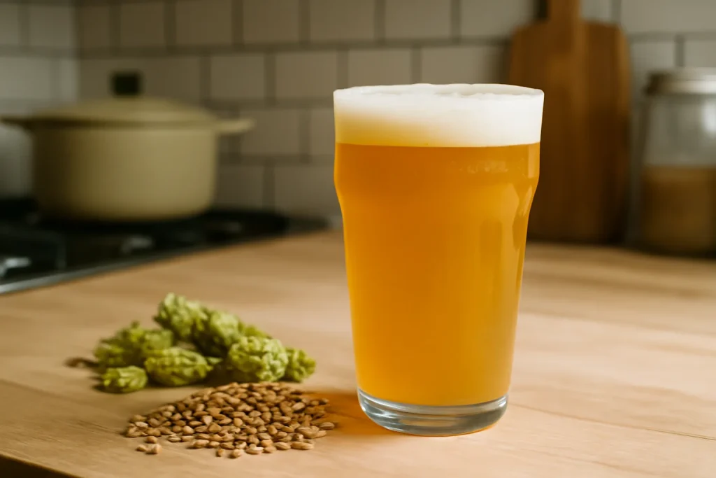 Unlabelled glass of session IPA homebrew beside hops and grain