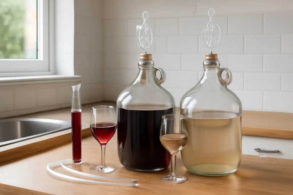 Home winemaking demijohns and samples for checking wine faults