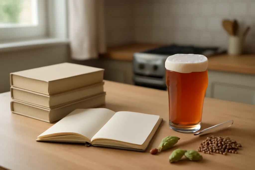 Plain brewing books with homebrew ingredients on a table