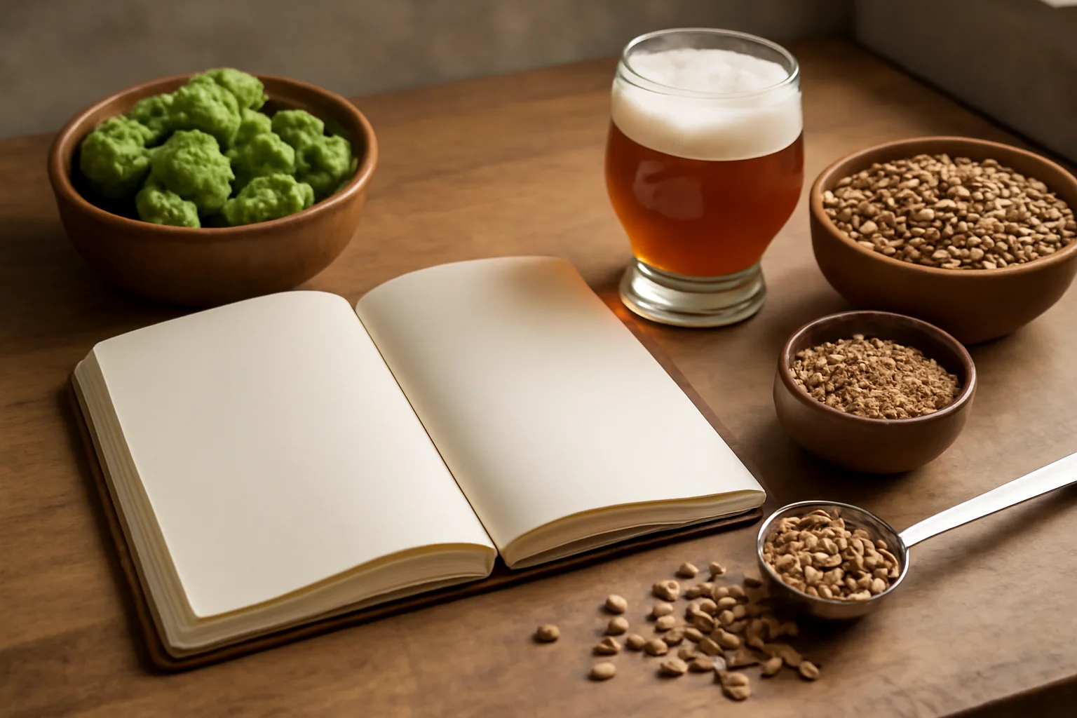 Open homebrew recipe book with hops malt and beer ingredients